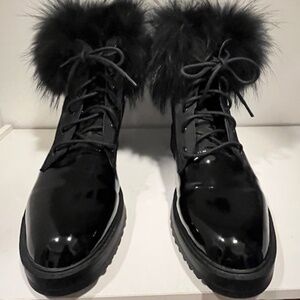 Cloud Nine Black Patent Leather Raccoon Fur Boots Sz 10 Quiet Luxury Wool